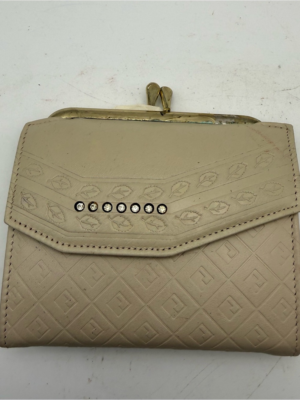 Vintage HERITAGE LEATHER French Purse Leather Wallet Embossed Beige Rhinestones